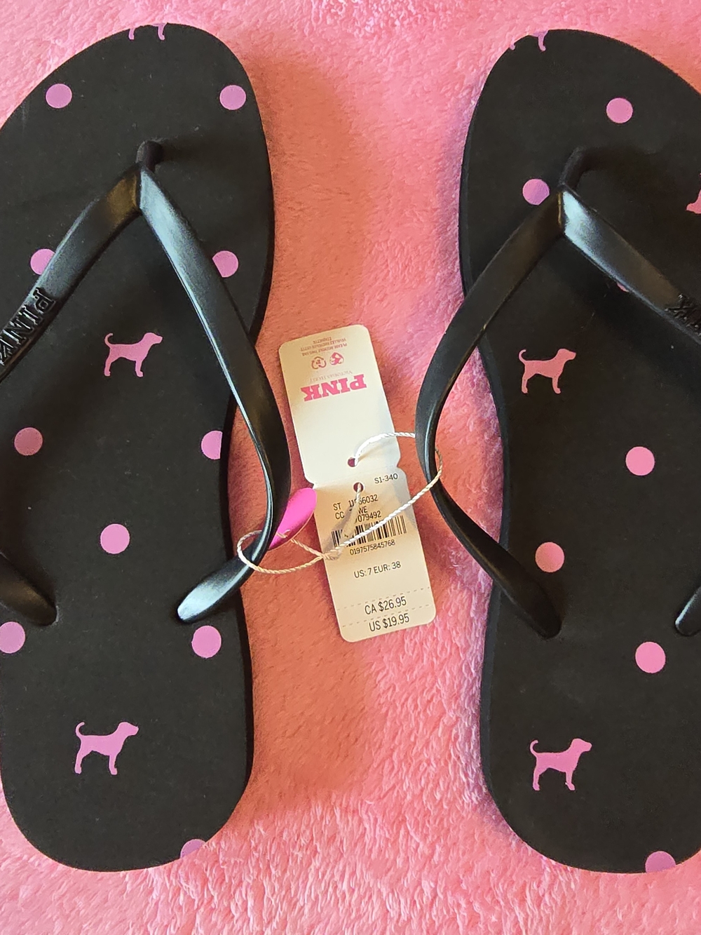 PINK Victoria's Secret Black Flip Flops with Pink Polka Dots